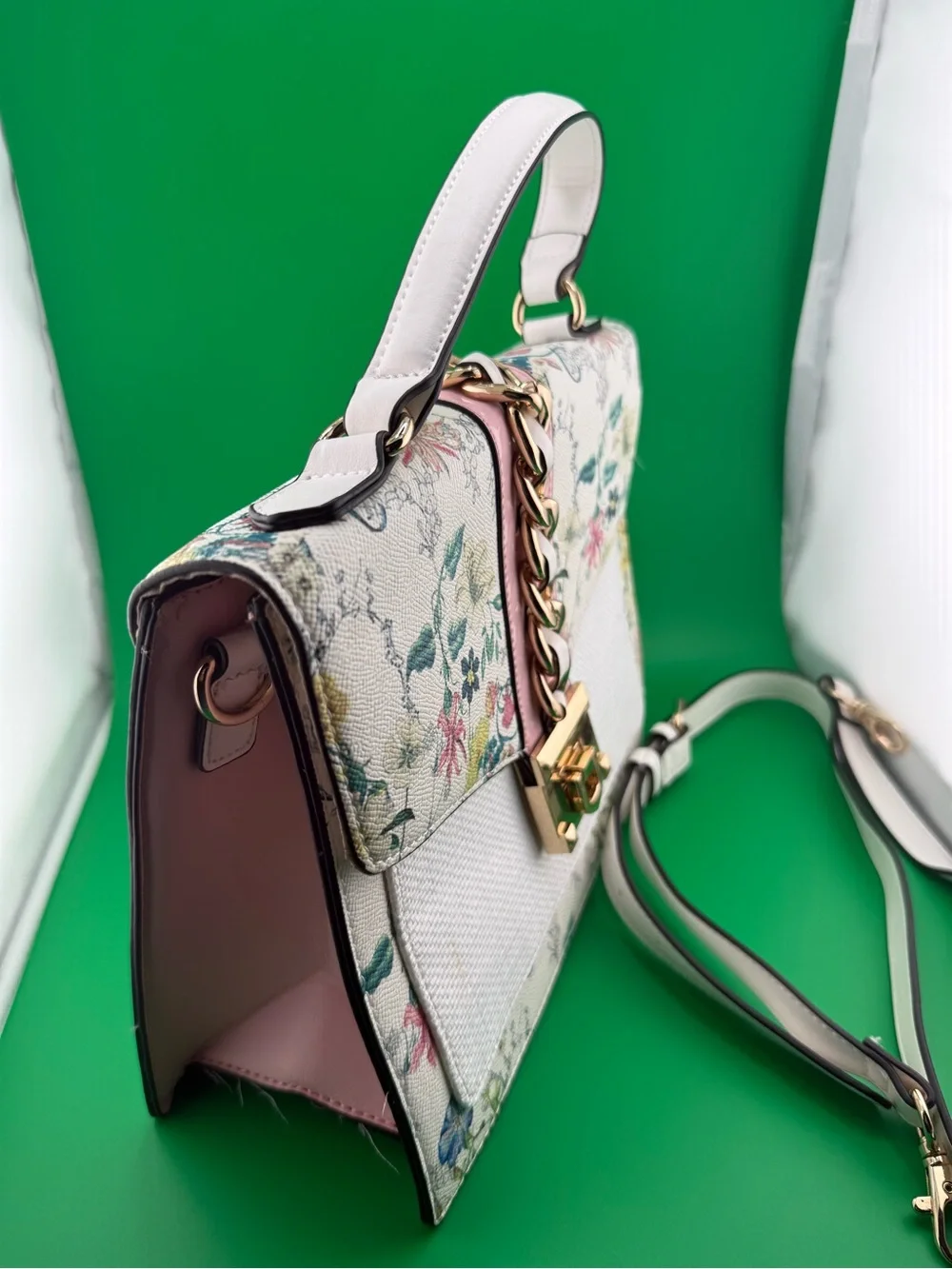 ALDO Floral Satchel Crossbody Bag White Pink Gold Chain
